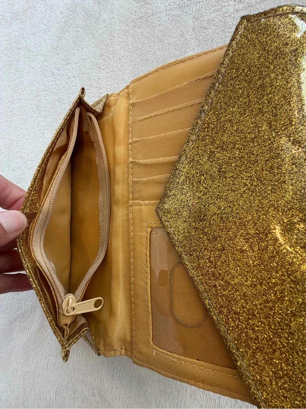 LULU ENVELOPE TRIFOLD WALLET WOMENS 4X7 GOLD GLITTER PATENT SHIMMER